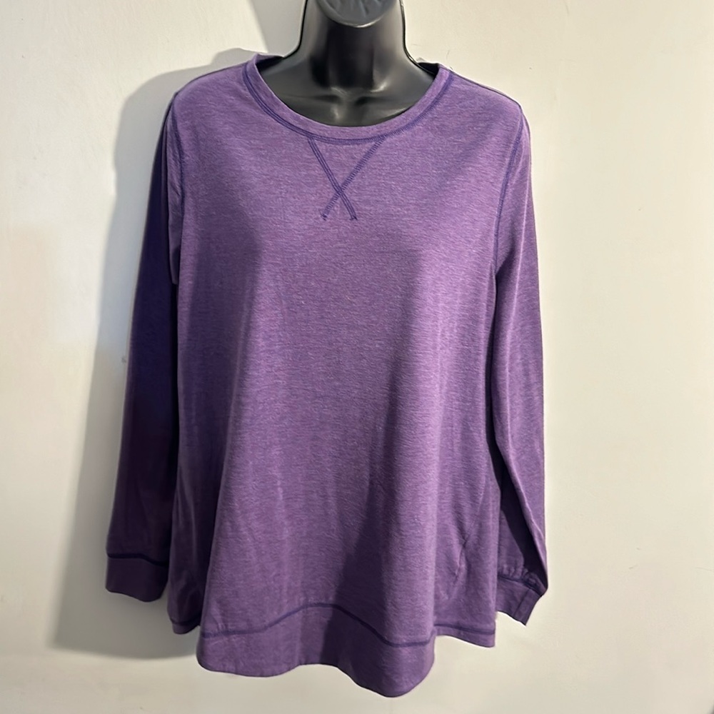 Purple Large crew neck poly blend long sleeve tee shirt w stiching